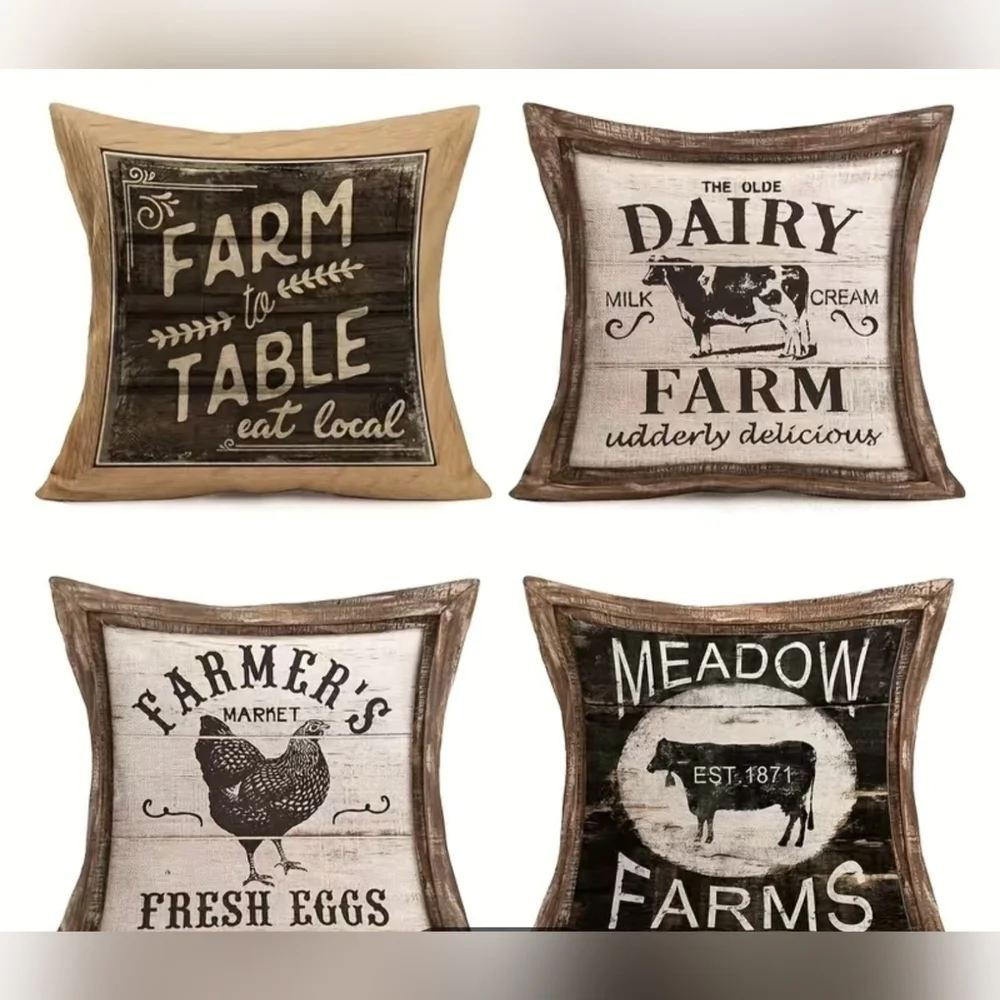 New 1pc Pillow Cover Rustic Wood Grain With Animal Farm to Table, T1MIS